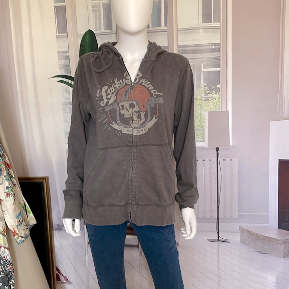 Lucky Brand Grey Hoodie With Skull Wearing Helmet Zip Front. Size M. P3/A